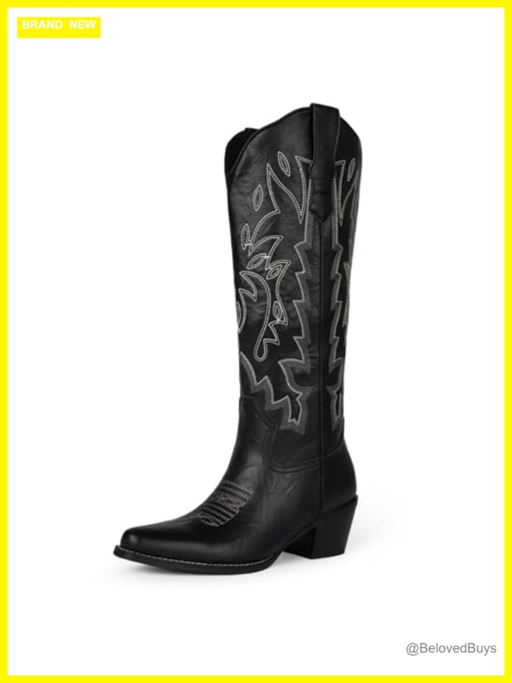 Knee High Western Cowboy Boots Faux Leather Chunky Heel Pointed Toe